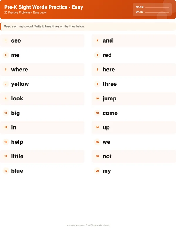 Pre-K Sight Words Worksheets - Halloween Theme (Easy)