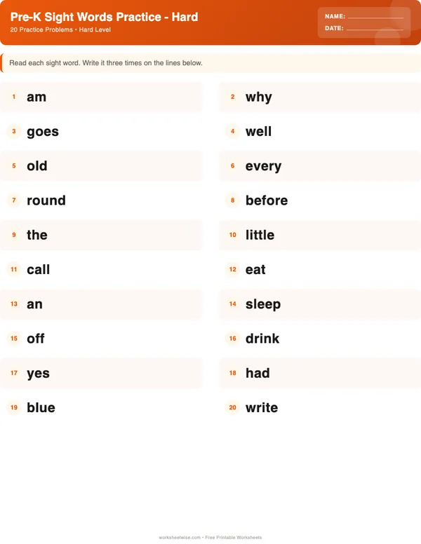 Pre-K Sight Words Worksheets - Halloween Theme (Hard)