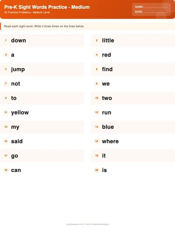 Pre-K Sight Words Worksheets - Halloween Theme (Medium)