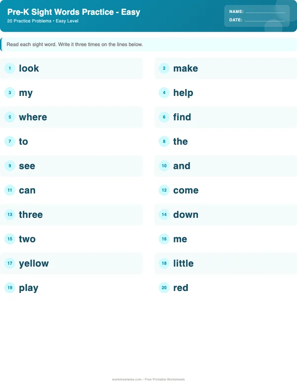 Pre-K Sight Words Worksheets - Ocean Theme (Easy)