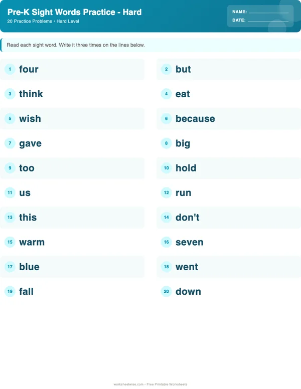 Pre-K Sight Words Worksheets - Ocean Theme (Hard)