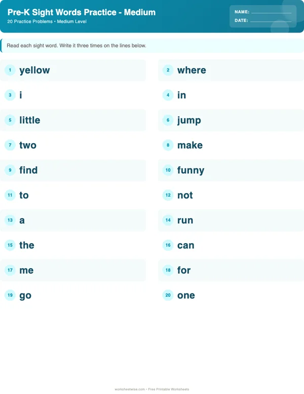 Pre-K Sight Words Worksheets - Ocean Theme (Medium)