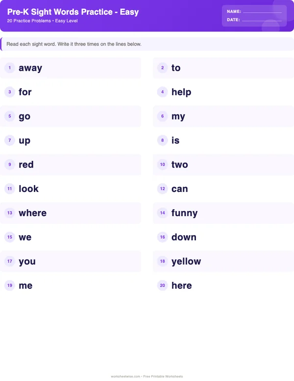 Pre-K Sight Words Worksheets - Space Theme (Easy)