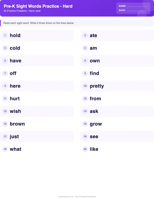 Pre-K Sight Words Worksheets - Space Theme (Hard)