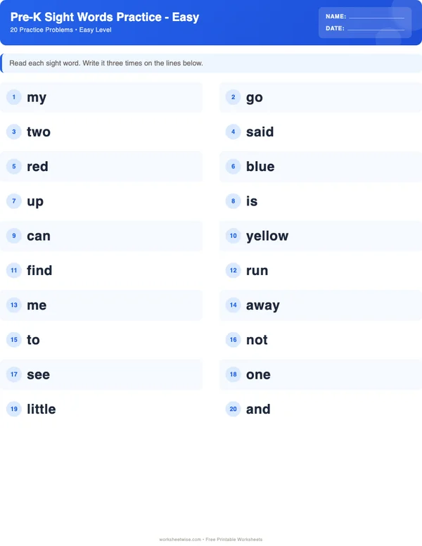Pre-K Sight Words Worksheets - Standard Theme (Easy)