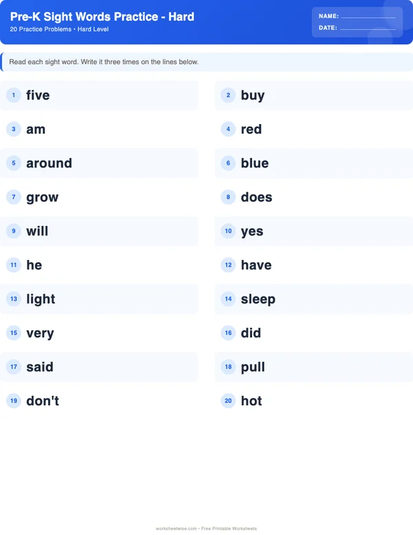Pre-K Sight Words Worksheets - Standard Theme (Hard)