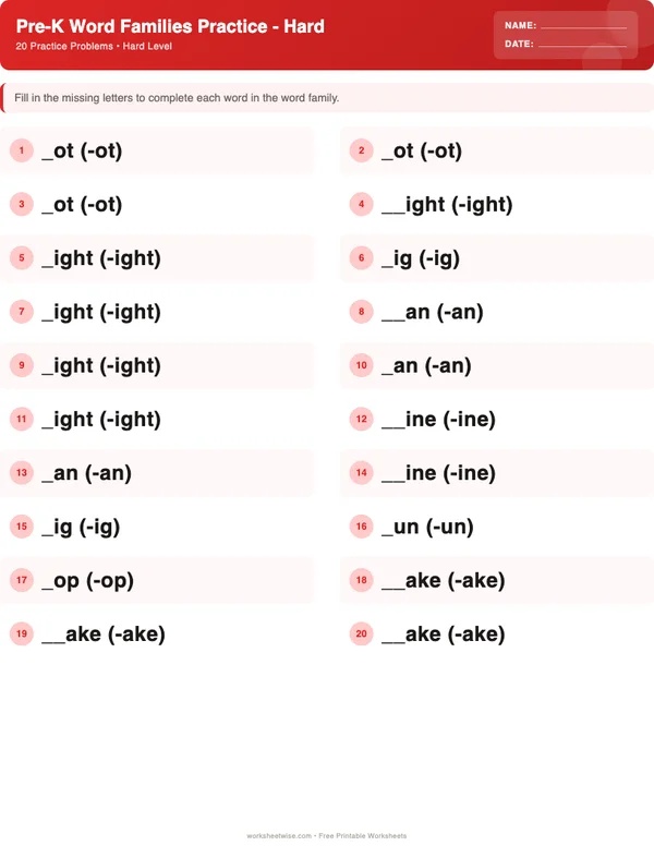 Pre-K Word Families Worksheets - Christmas Theme (Hard)