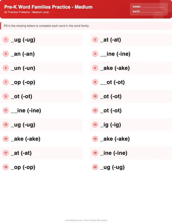 Pre-K Word Families Worksheets - Christmas Theme (Medium)