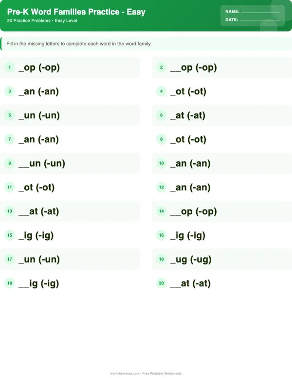 Pre-K Word Families Worksheets - Dinosaur Theme (Easy)