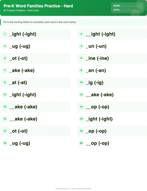Pre-K Word Families Worksheets - Dinosaur Theme (Hard)
