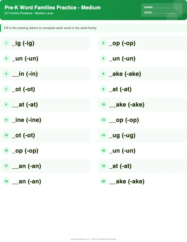 Pre-K Word Families Worksheets - Dinosaur Theme (Medium)