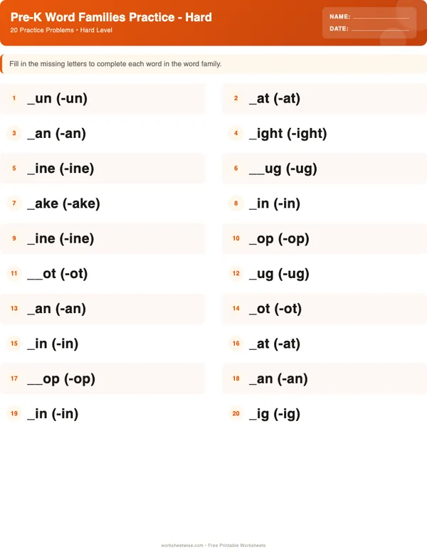 Pre-K Word Families Worksheets - Halloween Theme (Hard)