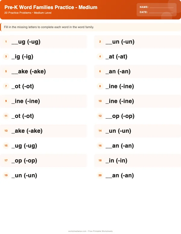 Pre-K Word Families Worksheets - Halloween Theme (Medium)