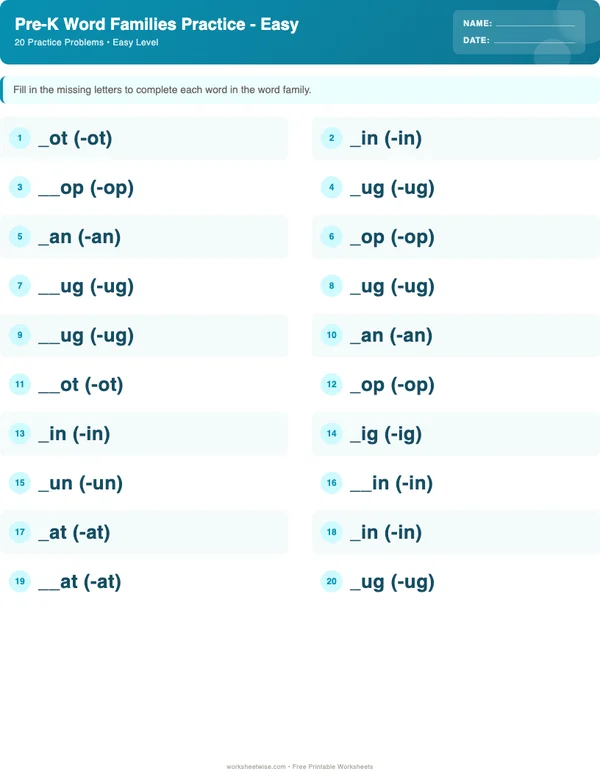 Pre-K Word Families Worksheets - Ocean Theme (Easy)