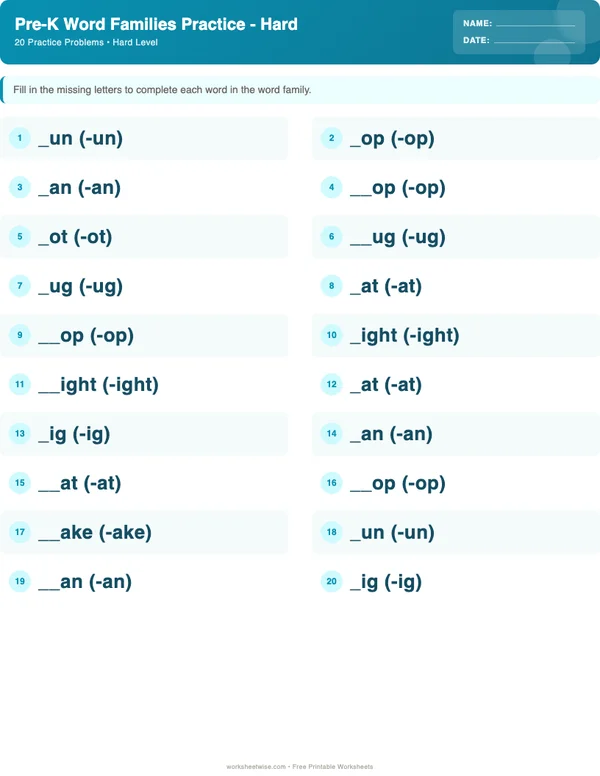 Pre-K Word Families Worksheets - Ocean Theme (Hard)