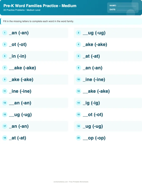 Pre-K Word Families Worksheets - Ocean Theme (Medium)