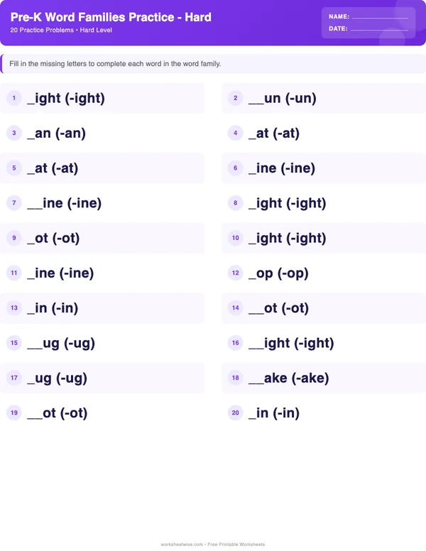 Pre-K Word Families Worksheets - Space Theme (Hard)