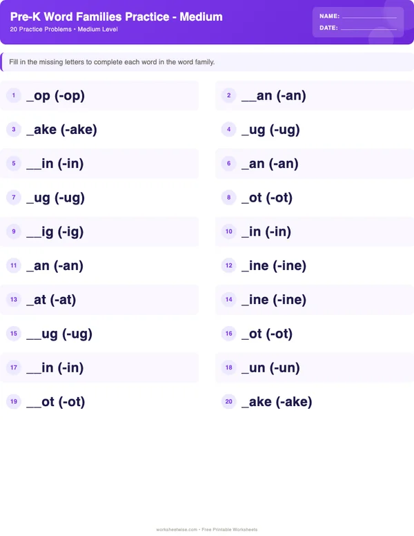 Pre-K Word Families Worksheets - Space Theme (Medium)