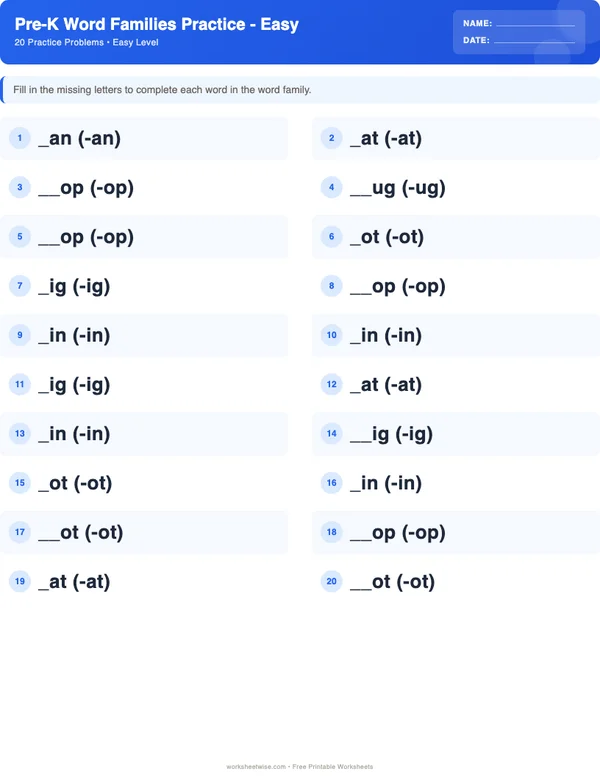 Pre-K Word Families Worksheets - Standard Theme (Easy)