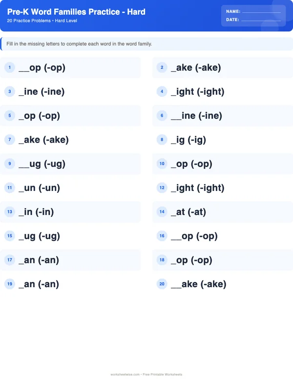 Pre-K Word Families Worksheets - Standard Theme (Hard)
