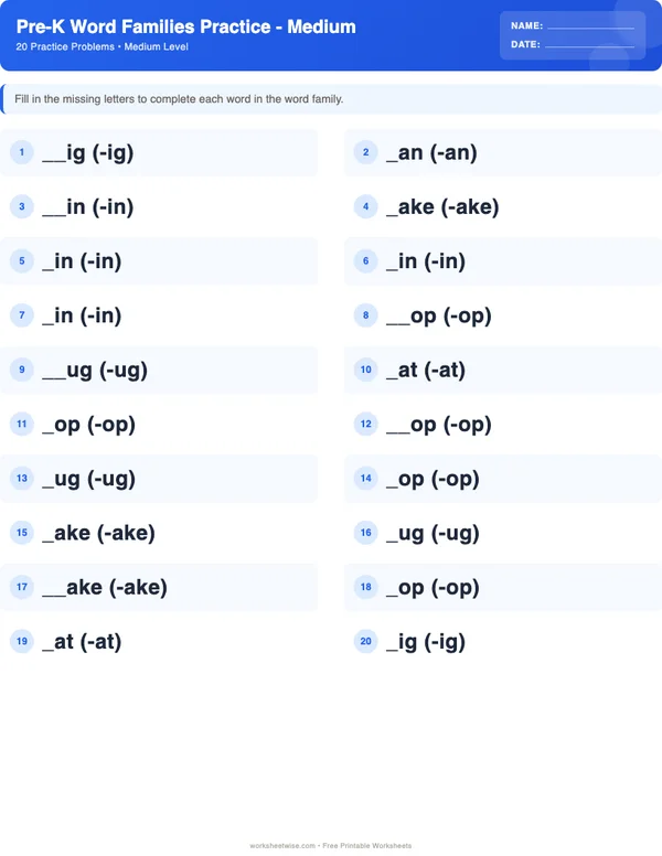 Pre-K Word Families Worksheets - Standard Theme (Medium)